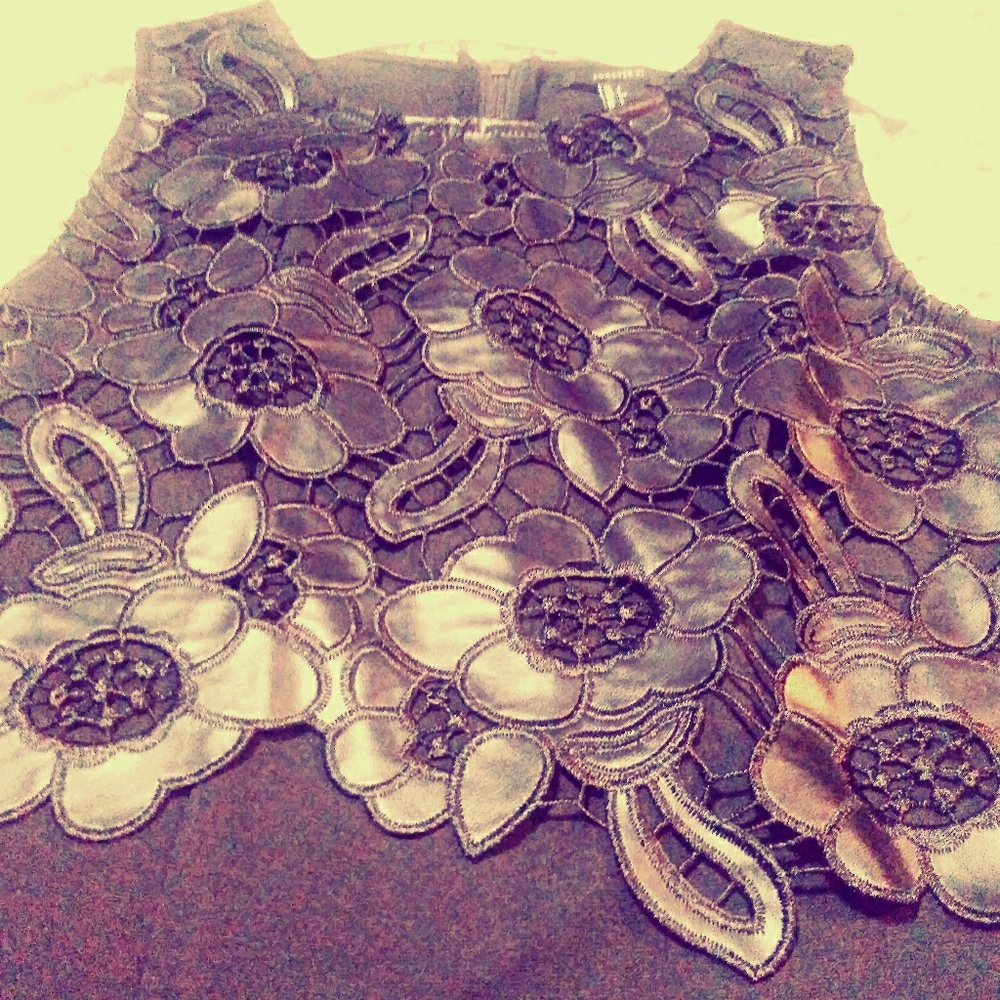 NWOT Solid black mini dress with leather flowers